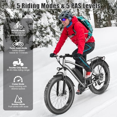 Loeook Electric Bike for Adults, 1000W Peak 25MPH 60Miles Ebike,48V 13AH Battery Electric Mountain Bike, 26" x 4'' Fat Tire Electric Bicycle with Rear Rack, Fenders, 7 Speed, UL 2849 Certified 6