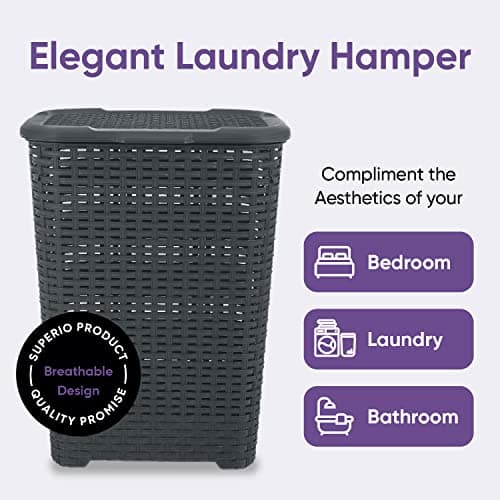 Plastic Laundry Hamper with Lid Laundry Hamper Basket, Grey Tall Cloths Hamper Organizer with Cut-out Handles. Space Saving for Laundry Room Bedroom Bathroom, Wicker Design 60 Liter 7
