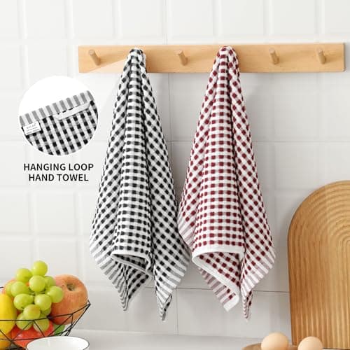 SALAS Cotton Dish Towels Cloths for Kitchen Drying Dishes, Lattice Terry Kitchen Towels, Absorbent Cloths with Hanging Loop, 16‘’ x 26‘’, 4 Packs, Wine Red and Black 7