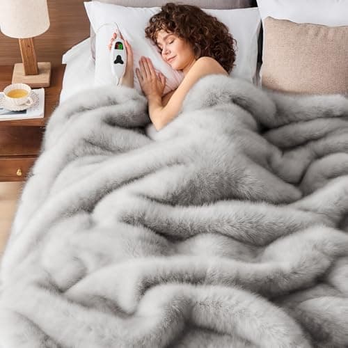 Heated Electric Blanket Twin, Octrot 60"X80" Faux Fur Heating Blanket Luxury Christmas Gifts Heavy Plush with 10 Heats Levels & 8 Hours Auto Off,Super Cozy Warm Fuzzy,Fluffy Decor Winter Warming,White