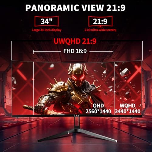 ZZA 34 Inch Curved Monitor, Gaming Monitor 240HZ 1500R 3440 * 1440P, Ultra Wide Computer Monitors with FreeSync,HDR10, 1ms,PC Screen Eye Care, Borderless Design,Support Wallmount 75x75mm 5