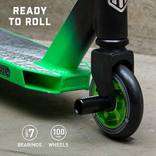 Mongoose Rise 100 Pro Freestyle Stunt Trick Scooter, Lightweight Alloy Deck & Heavy-Duty Frame Up to 220 lbs., Bike-Style Grip, Wheel Pegs Included, Black/Green 5