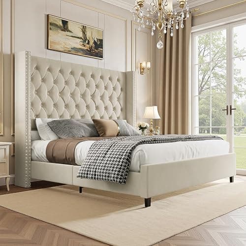 PaPaJet Queen Bed Frame Velvet Upholstered Bed with Deep Button Tufted/No Box Spring Needed/Easy Assembly/White