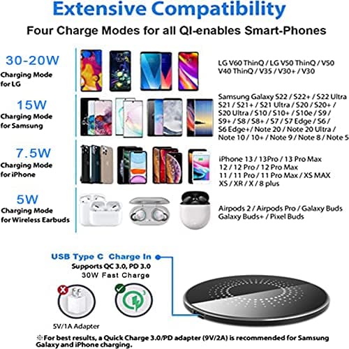 30W Wireless Charger Pad, Wireless Charge 30W, Fast Wireless Charger, Wireless Charging Compatible with Samsung Galaxy S23/S22/S21/S20, Fast Charger Compatible with iPhone 17/16/15/13/14/12 Series 5