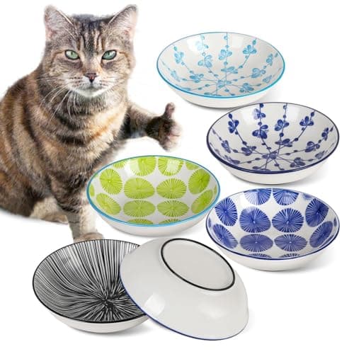 Ceramic Cat Bowls with Non-Slip Silicone Bottom,Prevent Whisker Fatigue,Reduce Mess,Wide Cat Bowls for Indoor Cats,6 Colorful Set for Daily Feeding Gift Choice (Classic)