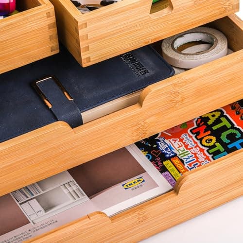 DEAYOU Bamboo Desk Organizer, 100% Natural Bamboo Desktop Drawer Organizer, Tabletop Storage Cabinet Organization Box with 4 Drawers for Makeup, Letter, Home Office Supplies, 3-Layer, Fully Assembled 8
