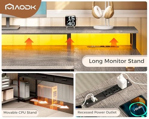 AODK L Shaped Desk with 5 File Drawers, 75" Reversible L Shaped Computer Desk with Power Outlet & LED Strip, Office Desk with Storage Shelves, Gaming Table with Monitor Shelf, Corner Table, Grey Oak 7