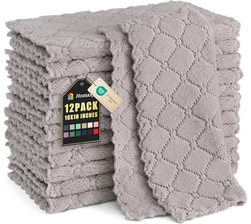 Homaxy 12 Pack Kitchen Dish Cloths (10 x 10 Inches, Grey), Super Soft and Absorbent Coral Velvet Dish Towels, Nonstick Oil Fast Drying Microfiber Cleaning Cloth, No Lint Household Dishcloths
