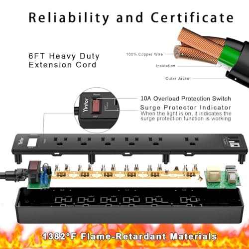 6Ft Power Strip Surge Protector - Yintar Extension Cord with 6 AC Outlets and 3 USB Ports for for Home, Office, Dorm Essentials, 1680 Joules, ETL Listed, (Black) 6