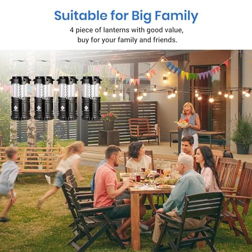 Etekcity Camping Lanterns for Power Outages 4 Pack, Flashlight for Camping Essentials, Survival Kit and Gear, Hurricane Preparedness Items, Emergency Led Battery Operated Lights, Black 6