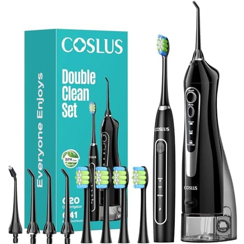 COSLUS C20 & C41 Portable Water Flosser with Electric Toothbrush Combo: 2-in-1 Oral Clean Kit for Teeth, Braces, Gums Care - Brushing & Flossing for Adults, Family, Travel Use, BPA-Free, Black