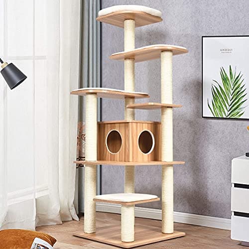 Tangkula Tall Cat Tree, 69-Inch Modern Cat Tower with Sisal Rope Scratching Posts, Wood Cat Tree with Multi-Layer Platform, Cat Condo Furniture with Washable Cushions for Indoor Cats Large Adult