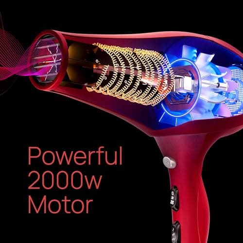 TREZORO Professional Hair Dryer, Ionic Ceramic Tourmaline Technology, 2000W Fast Quiet Drying, with Narrow & Wide Concentrator Nozzles, 3 Heat & 2 Speed Settings, Cool Shot Button, Red 7