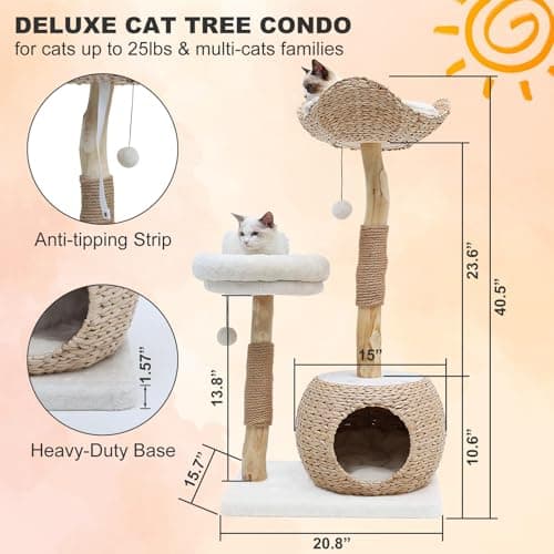KULAMOON Modern Cat Tree Tower for Indoor Cats, Real Branch Luxury Cat Condo with Scratching Post, Jumping Platforms, Hanging Toy Ball for Multi-Cat Households 7