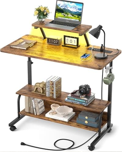 Height Adjustable Standing Desk with Power Outlets and LED Lights - 32" Manual Stand Up Desk with Monitor Stand and Storage Shelves Small Mobile Rolling Computer Desk Portable Laptop Table, Rustic