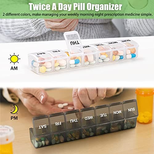2 Pack Weekly Pill Organizer, Large 7 Day Pill Case, Daily Vitamin Case Medicine Box, AM/PM Pill Containers for Medicine Supplements Fish Oil（White & Black） 6