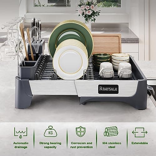 RBAYSALE Large Expandable Stainless Steel Dish Rack With Aluminum Pull Plate, Wine Glass Holder and Utensil Holder 5