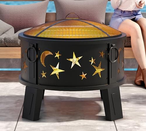 Kingson 26" Outdoor Fire Pit with Grill & Mesh Cover, Wood Burning Steel Firepit with Poker & Star Spark Screen, Heavy Duty Patio Fire Bowl for Backyard, Camping & Garden 6
