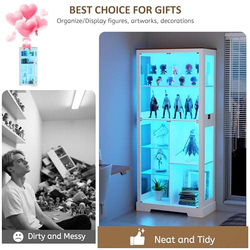 Lvifur 71” Display Cabinet with Glass Doors, Modern Curio Cabinet with 3 Color Lights, 7-Tiers Glass Display Cases for Collectibles, Tall Lego Storage Cabinet with Human Body Sensor (White) 6