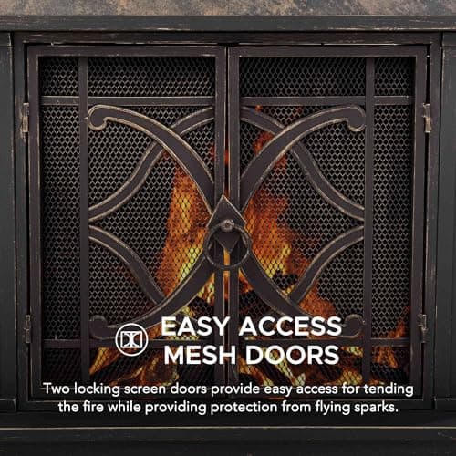 Sunjoy Outdoor Fireplace, Stone Look Tile Patio Wood Burning Steel Fireplace with Chimney, Spark Screen, Fire Poker, Rain Cover, and Removable Grate, Copper with Gray Tile 6