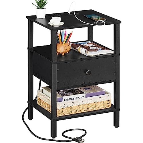 Lerliuo Nightstand with Charging Station and USB Ports, 3-Tier Storage End Table with Drawer Shelf, Night Stand for Small Spaces, Wood Bed Side Table for Living Room, Bedroom - Classic Black