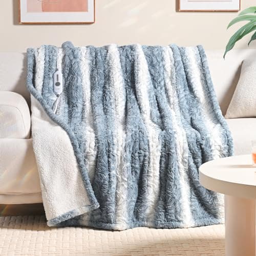WOOMER Heated Blanket Throw 50" x 60", Electric Blanket Throw with 4 Heating Levels & 4H Auto Off, ETL Certified, Blue White Flowers Patterns Faux Fur & Sherpa, Machine Washable
