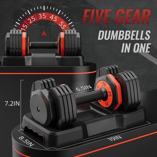 Adjustable Dumbbells, 55LB Single Adjustable Dumbbell Set, 5 in 1 Free Weight Dumbbell,Fast Adjust Weight with Anti-Slip Handle and Tray for Full Body Workout Fitness Strength Training Equipment 6