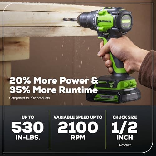 Greenworks 24V Brushless Cordless Compact 1/2 in. Drill/Driver Kit (Keyless Ratcheting Metal Chuck /530 in.-lbs. /21+1 Clutch Position/LED Light), 2×2Ah Battery and Fast Charger Included 3