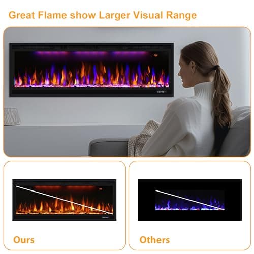 Dreamflame 60 inch Electric Fireplace, Recessed and Wall Mounted Fireplace Heater, 750/1500W Thermostat with Remote Control, Realistic Flame Combinations, Black (60") 6