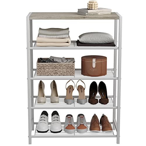 HOMEFORT 5-Tier Shoe Rack, Storage Shelf, Industrial Tower, Narrow Organizer for Closet Entryway, Small Table With Durable Metal Shelves, White Oak 9