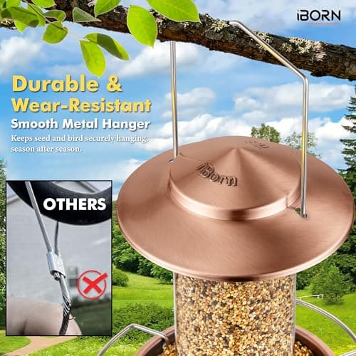 iBorn Bird Feeder Metal Squirrel Chew-Proof Bird Feeders for Outdoors Hanging Outside for Cardinal, Holds 1.5LB Seed with 3 Perchs, Brushed Copper (Seed is not Included) 7