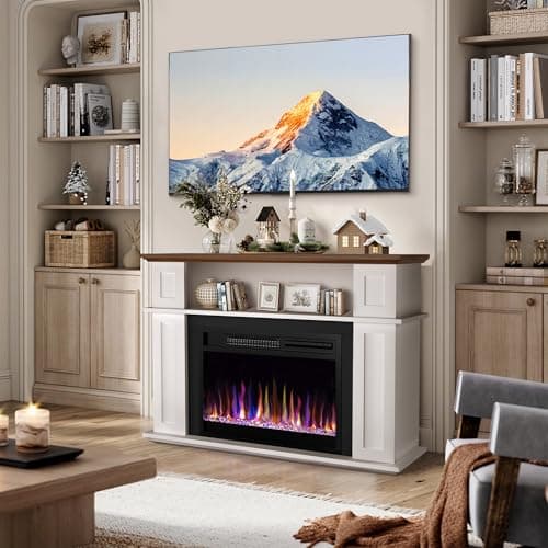 CUOZOVA 41" Electric Fireplace with Mantel, Freestanding Electric Fireplace with 23" Fireplace Insert Heater for Living Room, Remote Control, Fireplace with12 Colors Adjustable Flame, White 8