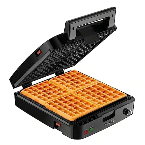 KRUPS 4-Slice Belgian Waffle Maker: Stainless Steel, 5 Browning Levels, Audible Ready Beep, Removable Plates, 1200W, Silver/Black, Large Waffle Maker Family Size, Great for Family Breakfasts