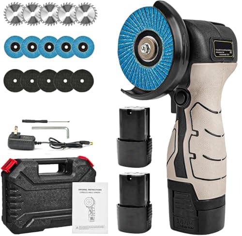 Cordless Brush Angle Grinder Kit, 13000RPM Mini Electric Angle Grinding Tool with 2pcs 16.8V 2000mAh Batteries and 15-Cutting Discs, Power Angle Grinder for Wood Metal Stone Concrete