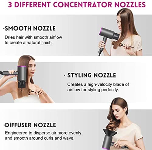 slopehill Professional Ionic Hair Dryer, Powerful 1800W Fast Drying Low Noise Blow Dryer with 2 Concentrator Nozzle 1 Diffuser Attachments for Home Salon Travel 5
