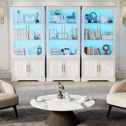Lareth Display Cabinet with Glass Doors, 69 in Tall Bookcase with LED Lights, Glass Display Case Kitchen Pantry Cabinet, 5 Tier Curio Storage Cabinet for Living Room, Home Office, White 9