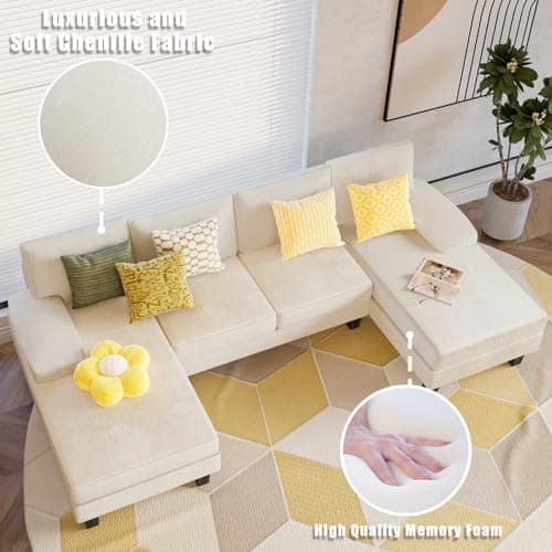 YESHOMY Convertible Sectional Sofa U-Shaped Couch with Soft Modern Cotton Chenille Fabric for Living Room, Oversized Seats with Comfortable Backrest, Beige White 5