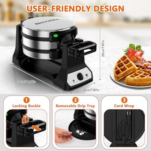 Waffle Maker, 1400W Belgian Waffle Maker, Double Waffle Iron 180° Flip, Rotating Nonstick Plates, Adjustable Browning Control, Locking Buckle & Cool Touch Handle, Removable Drip Tray, Stainless Steel 7