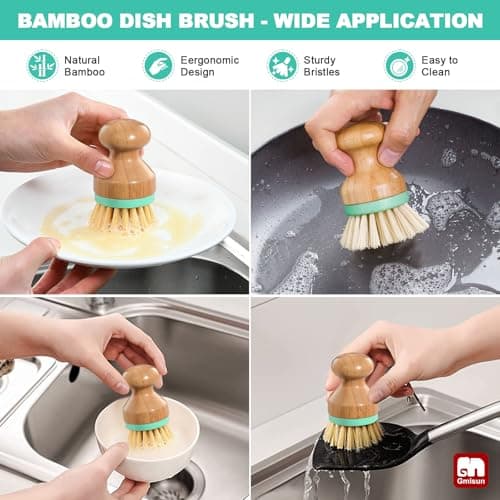 GMISUN Kitchen Soap Dispenser Set, 16 Oz Hand and Dish Soap Dispenser with Ceramic Tray & Bamboo Dish Brush, 2 Pack White Glass Liquid Pump Bottle, Modern Farmhouse Refillable Dish Soap Bottle 5