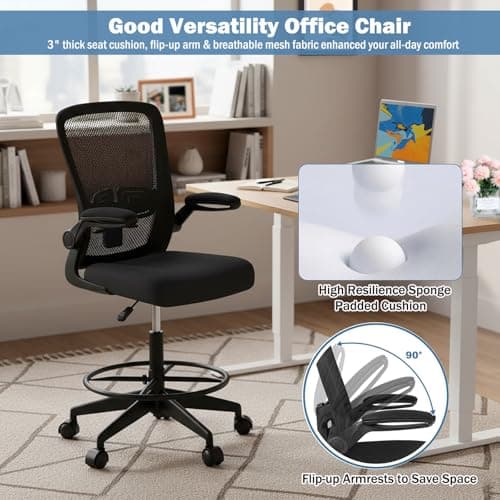 POWERSTONE Drafting Chair - Ergonomic Tall Office Chair for Standing Desk with 3IN Thick Cushion, Flip-up Arm, Adjustable Back Support & Footrest Workbench Rolling Stool Computer Chairs (Black 1 pcs) 6