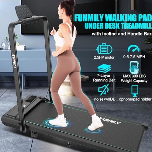 FUNMILY Walking Pad Treadmill with Incline and Handle Bar, 2.5HP Foldable Under Desk Treadmill with Handles, Folding Treadmills for Home Small, Portable 4 in 1 Electric Running Machine, 300lb Capacity 5