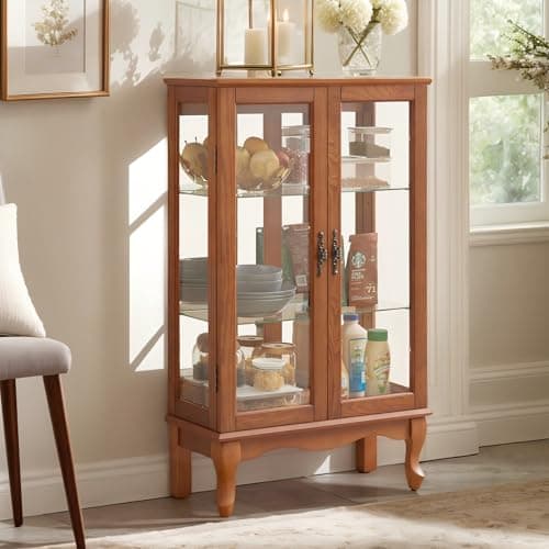 44" Small Lighted Glass Accent Curio Cabinet, Vintage China Cage with 2 Tempered Glass Doors & Adjustable Shelves, Acrylic Mirrored Pane, Elegant Wine Artwork Showcase Rack for Living Room (Dark Oak)
