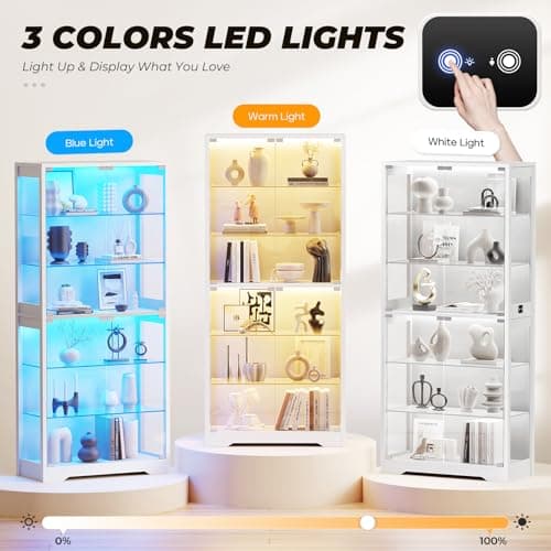 BROTTAR 6-Tier 71" Display Cabinet with Glass Door, Curio Cabinet with 3 Color Lights for Collectibles, Display Case with Adjustable Glass Shelves, Human Body Sensor, Storage Cabinets, White 5