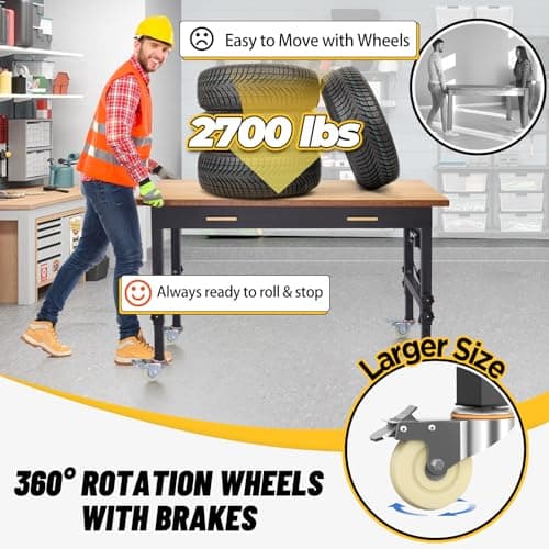 60" Work Bench with Drawers Storage,Workbench with Brake Wheels, Rubber Wood Work Table for Garage, Office, Workshop, Home 5
