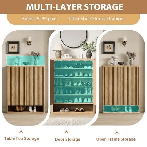Garvee 31.5 Inch Shoe Cabinet, Large Shoe Storage Cabinet with Adjustable Shelves, Wooden Shoe Organizer with Fluted Door Holds 25–30 Pairs for Entryway & Living Room, Natural Wood 6