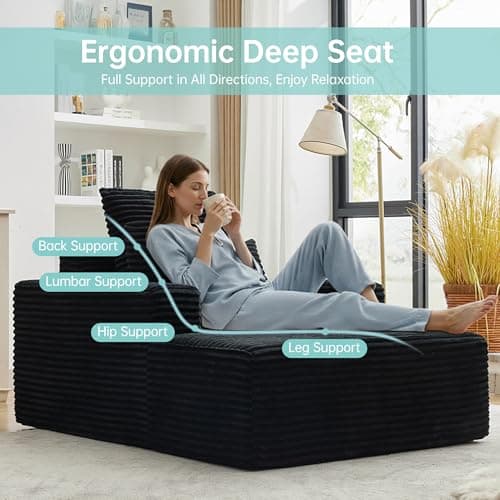 Opiesit 43"W Chaise Lounge Sofa Chair Indoor, Small Boneless Couches for Small Spaces, Fluffy Comfy Cloud Sofa in a Box, Compression Foam Sleeper Sofa for Living Room&Apartment, Plush Corduroy (Black) 7