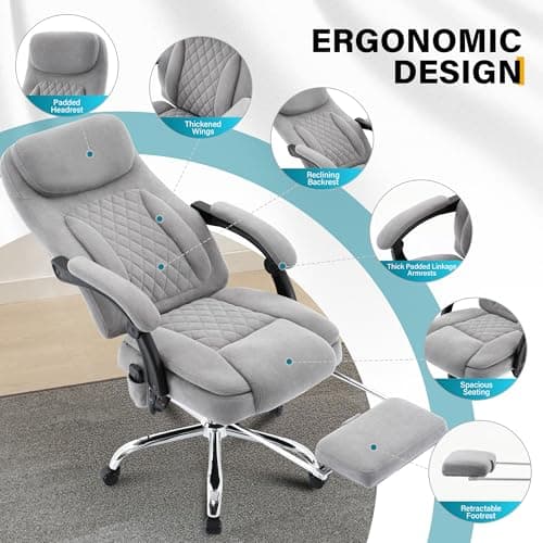 6-Point Massage Ergonomic Office Chair with Heated, Footrest & 45Reclining High Back, Big and Tall Executive Desk Chair 500LBS, Thick Cushion for Home Office, Grey 6