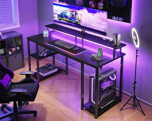 ODK 48 inch Gaming Desk with LED Lights & Power Outlets, Computer Desk with Monitor Stand & Storage Shelves, CPU Stand, Home Office Desk, Black 9