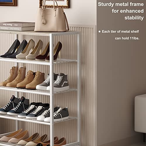 HOMEFORT 5-Tier Shoe Rack, Storage Shelf, Industrial Tower, Narrow Organizer for Closet Entryway, Small Table With Durable Metal Shelves, White Oak 6
