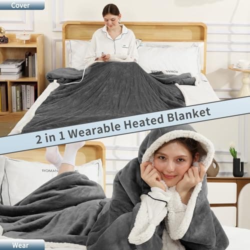 ESTINGO Wearable Electric Throw Heated Blanket with Foot Pocket, Heated Electric Blanket with Sleeves, 6 Heating Levels and 1-4H Timer, Heated Hoodie Women for Mom Grandma 50"×70" Grey 6
